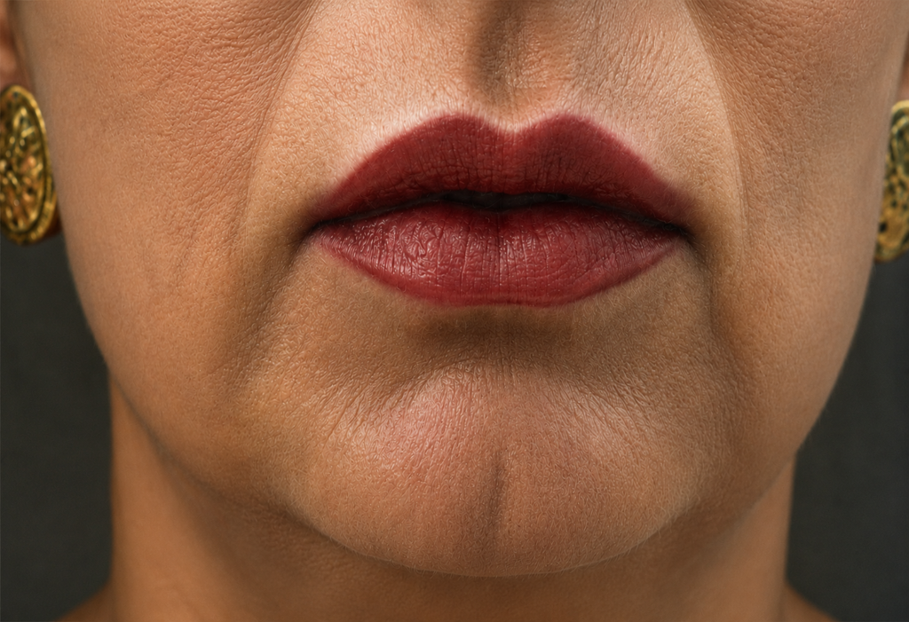 Light permanent lipliner to correct upper and lower asymmetry.